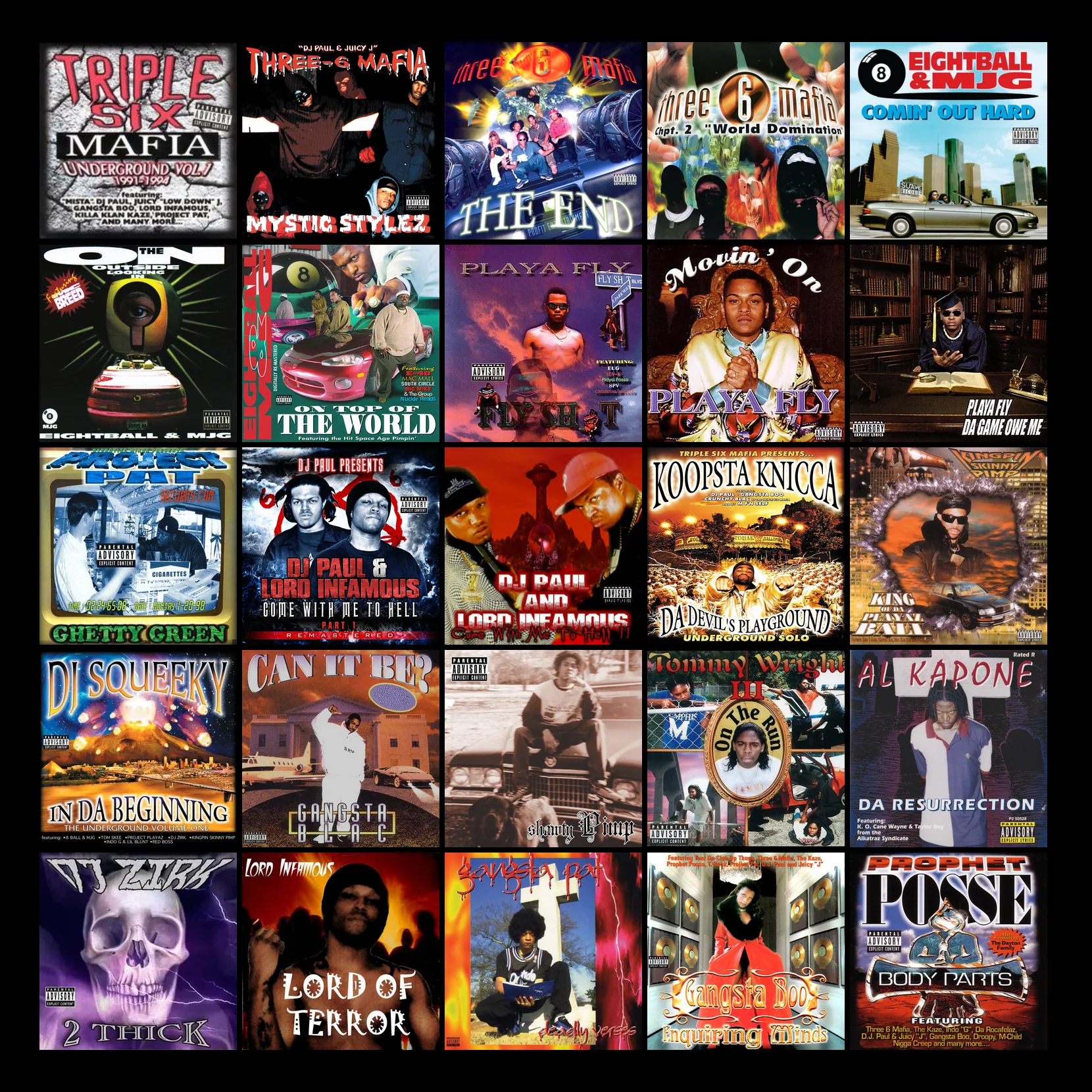 Memphis rap album covers from the 90s — Triple Six Mafia, Eightball & MJG, Project Pat, DJ Paul, Playa Fly, Gangsta Boo and more